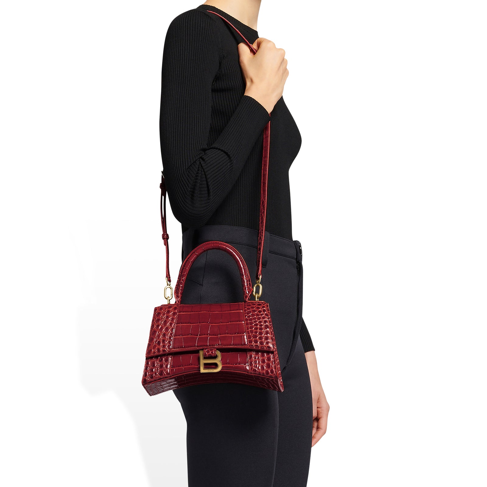 hourglass_small_handbag_crocodile_embossed_dark_red_gold_model