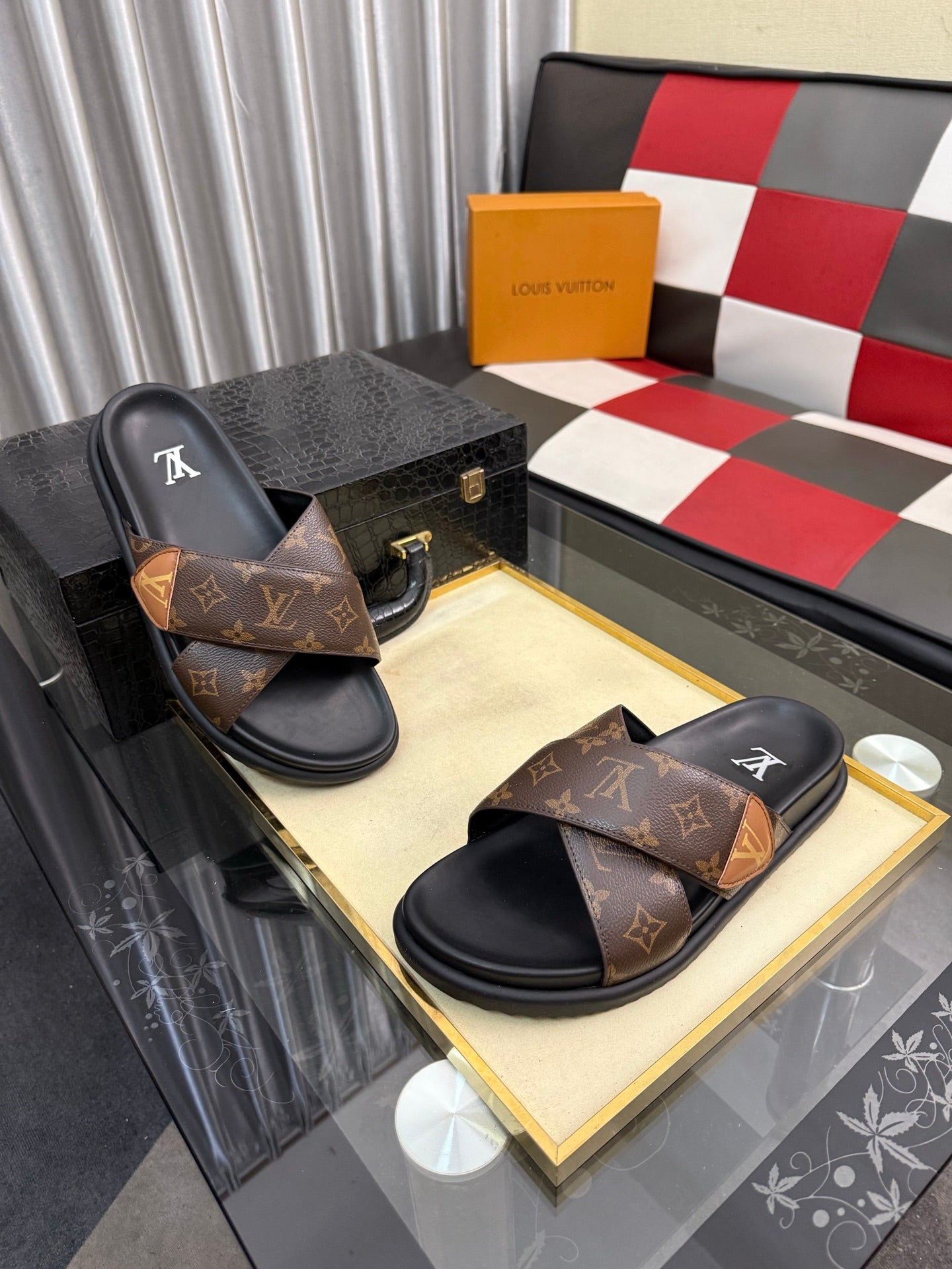 Premium Waterfront Cross Strap Slides for Men - Luxury Monogram Sandals