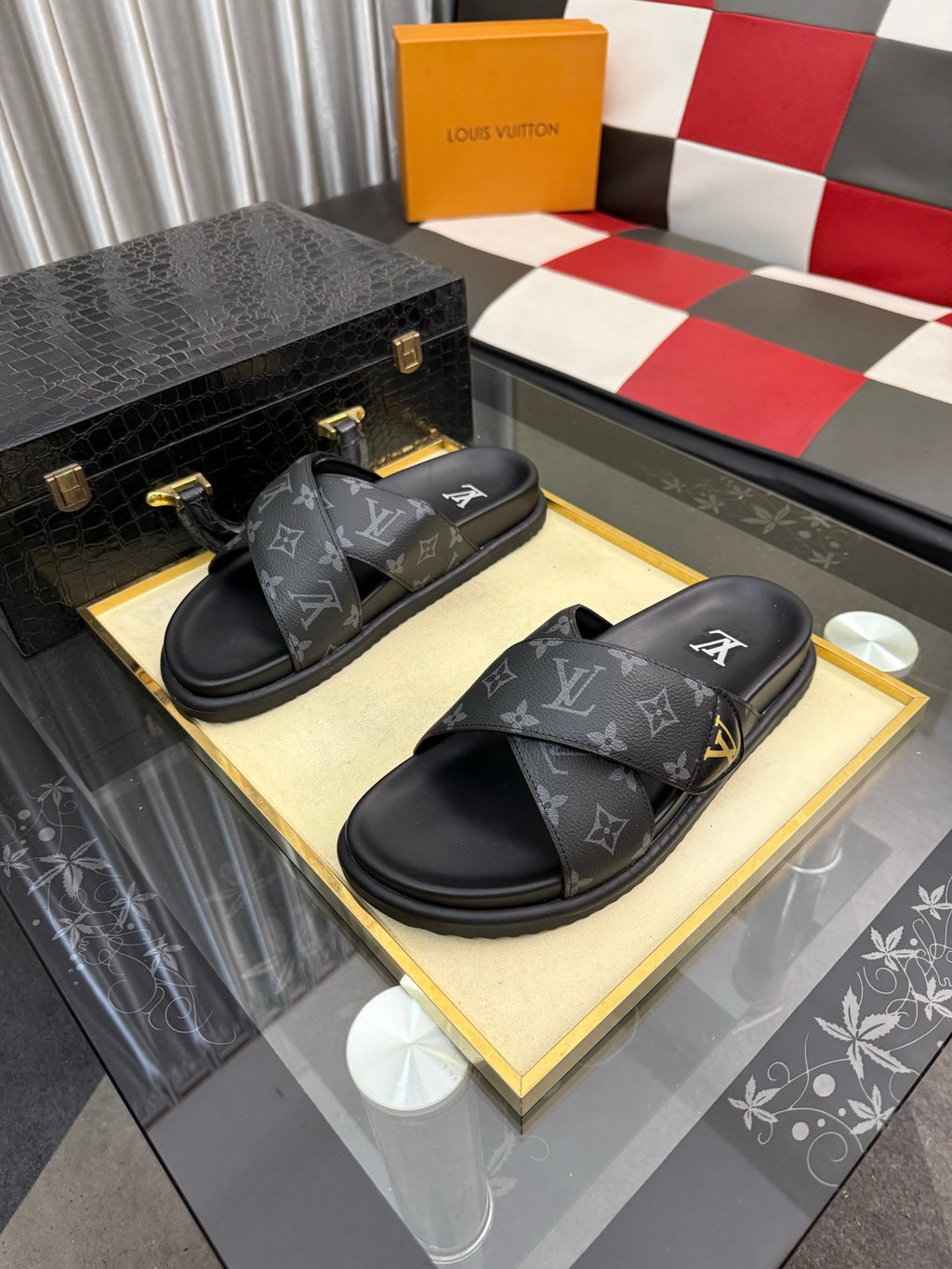 Premium Waterfront Cross Strap Slides for Men - Luxury Monogram Sandals