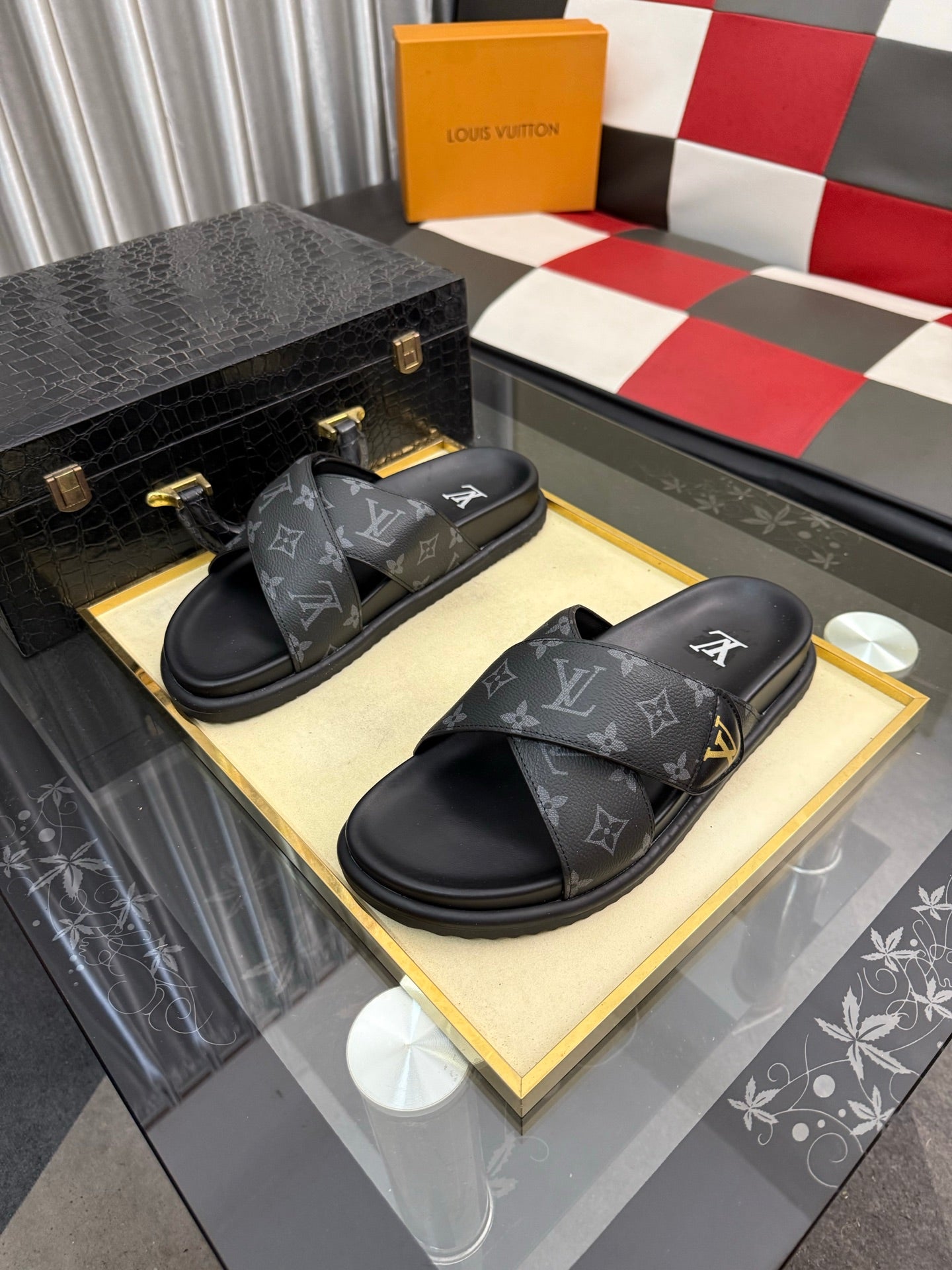 Premium Waterfront Cross Strap Slides for Men - Luxury Monogram Sandals