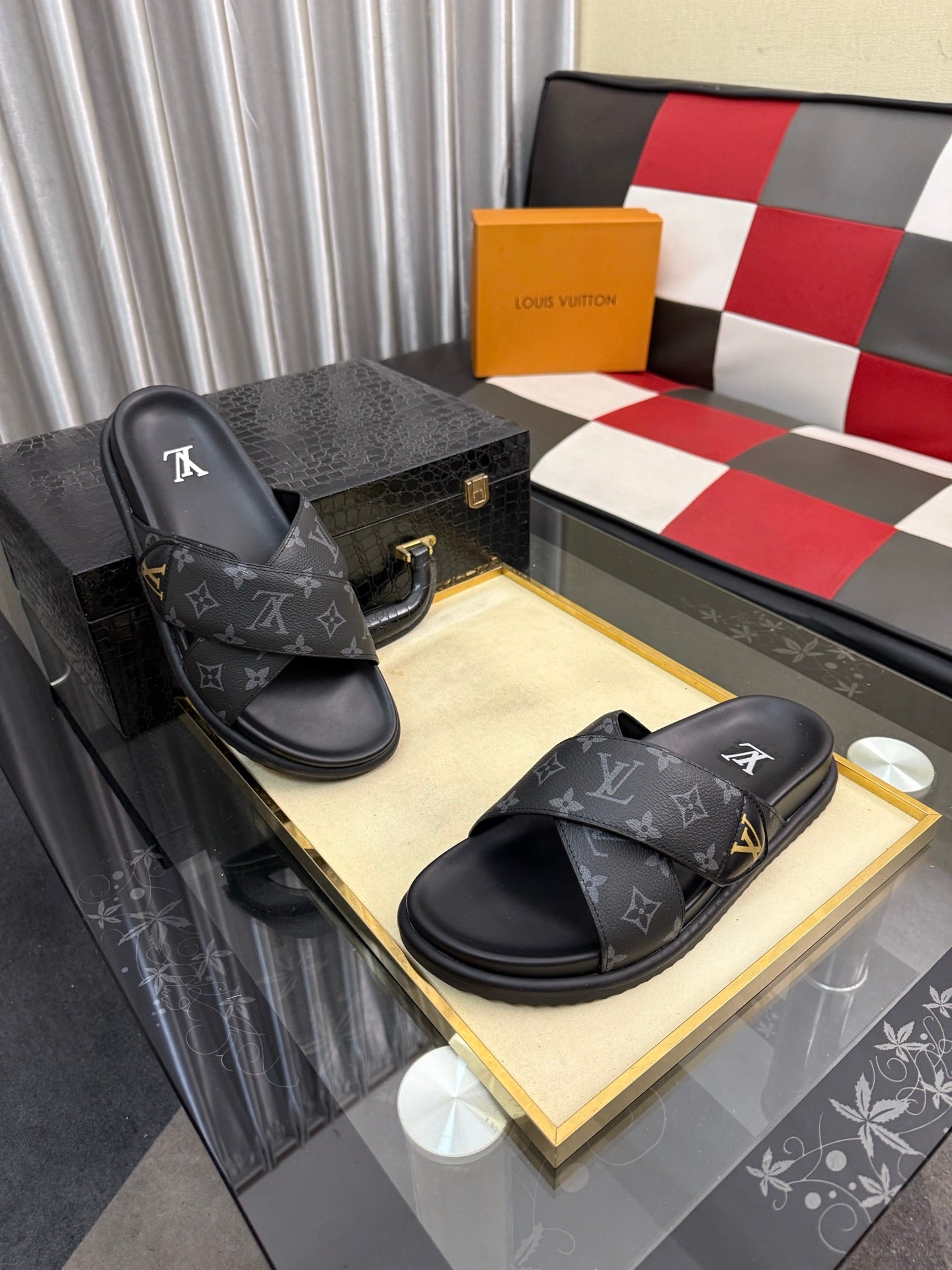Premium Waterfront Cross Strap Slides for Men - Luxury Monogram Sandals