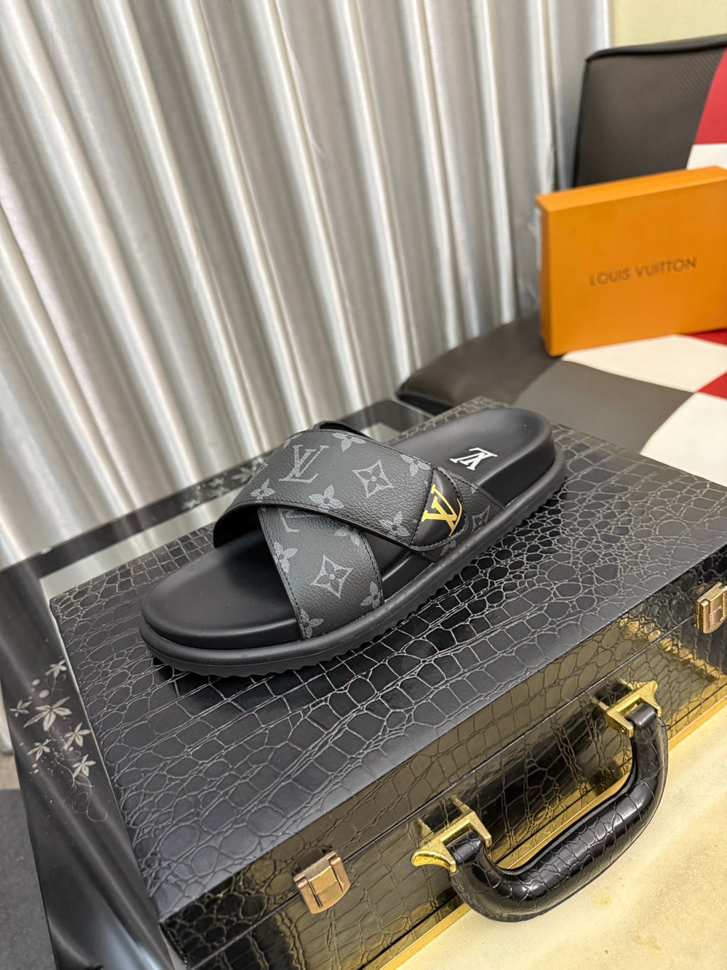 Premium Waterfront Cross Strap Slides for Men - Luxury Monogram Sandals