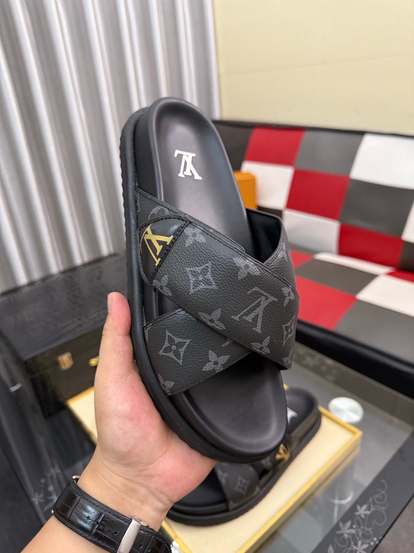 Premium Waterfront Cross Strap Slides for Men - Luxury Monogram Sandals