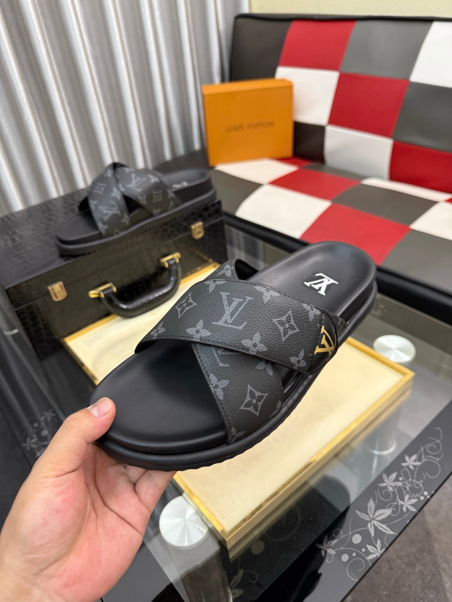 Premium Waterfront Cross Strap Slides for Men - Luxury Monogram Sandals